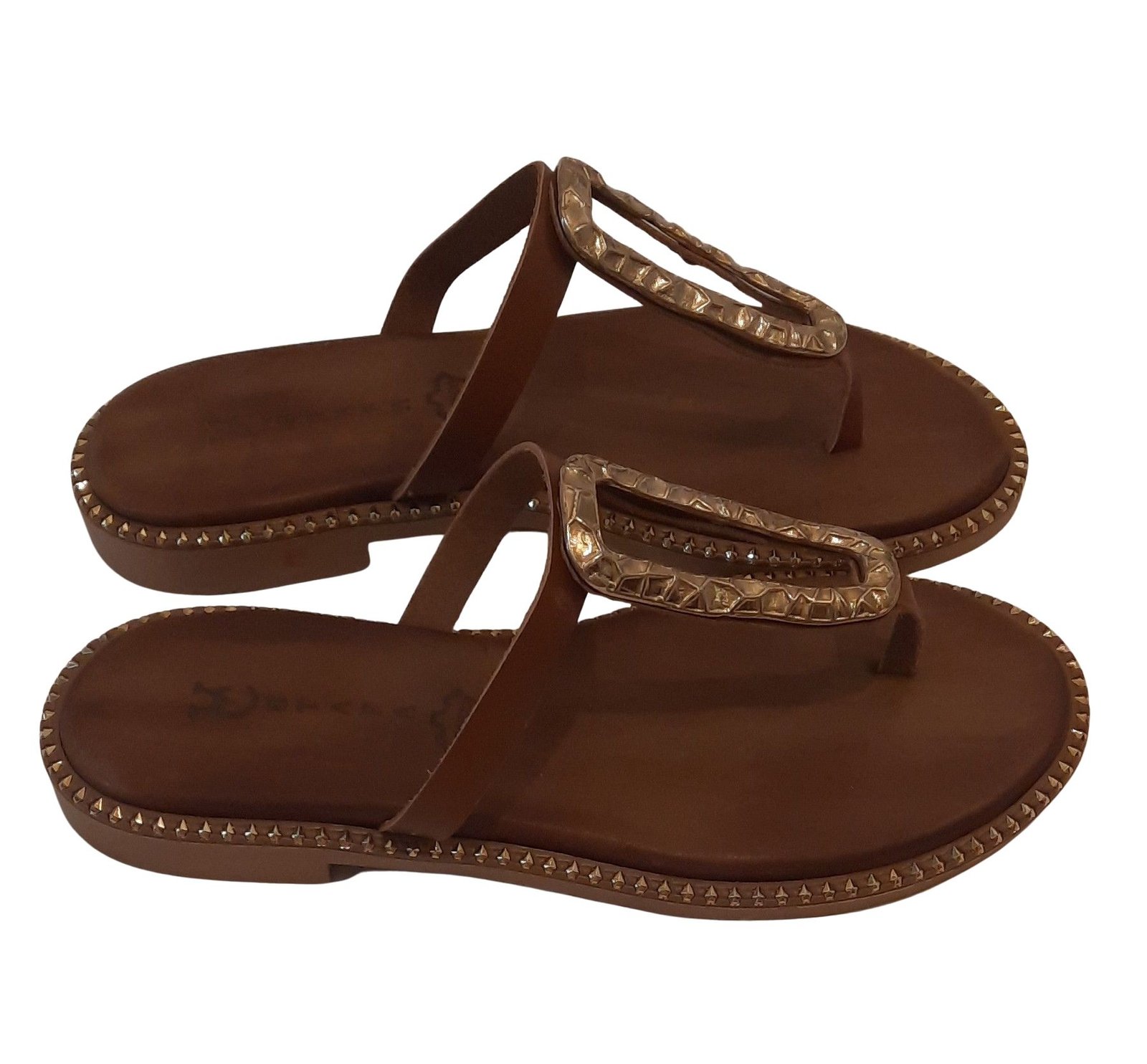 Handmade brown leather women’s sandals with gold buckle