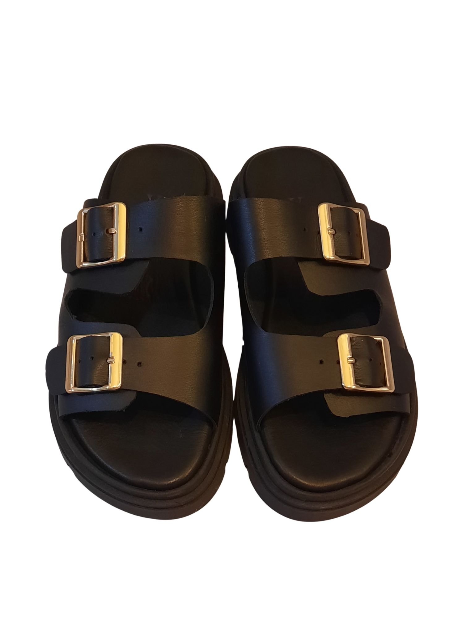 Handmade black leather women sandals with double buckle straps